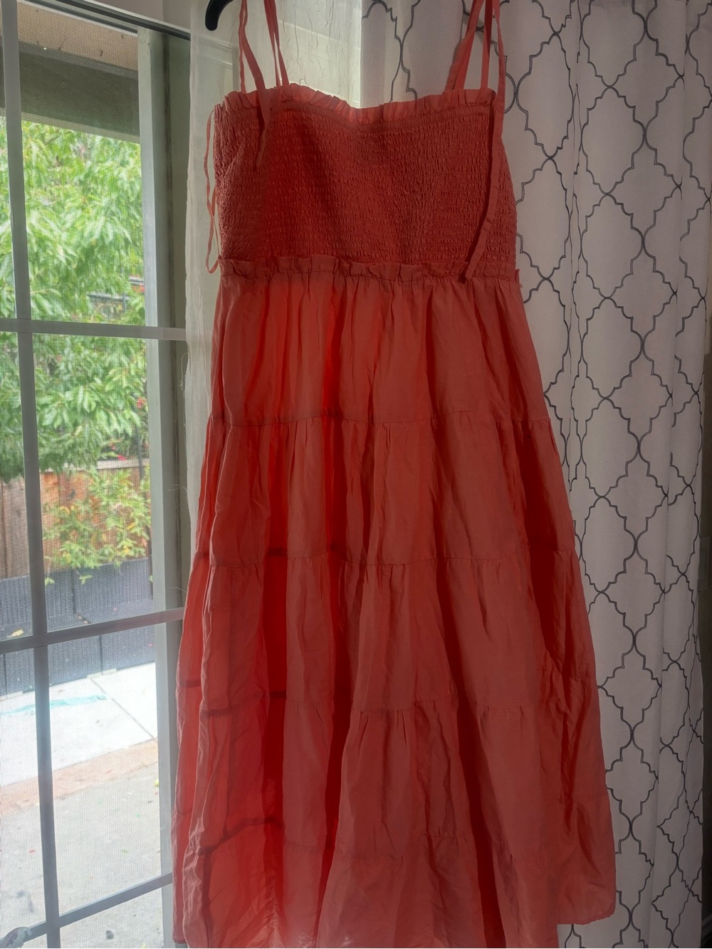 Petite Women Coral Tiered Sundress with Smocked Bodice